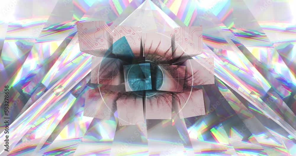 Poster animation of scope scanning with cubes and eye over glowing crystals