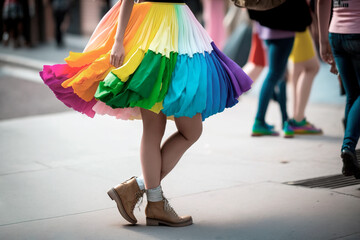 Unrecognizable Woman Wearing a Multicolored Rainbow Skirt, Marching in the Heart of an LGBTQ+ Parade to Show Support for Equality, Love, and Acceptance. Colors of the gay pride flag. Generative AI.