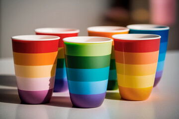 Beautiful Ceramic Rainbow Cups Symbolizing the Diversity and Inclusion of the LGBTQ+ Community. Perfect for Any Proud Display or Celebration of Love and AcceptanceColors of Pride. Generative AI.