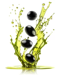 Fototapeten Black olives falling into olive oil with a splash isolated on white background © ChaoticDesignStudio