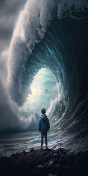 lonely little person stands firm and fearless in front of huge tsunami ocean wave, concept of Bravery and Natural Disaster, created with Generative AI technology