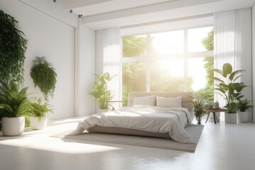 Fototapeta na wymiar White Bedroom with Sunshine - Generative AI