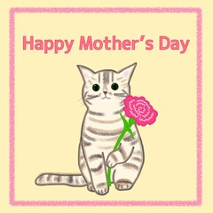 母の日　カーネーションを持つ座るしましまトラ猫