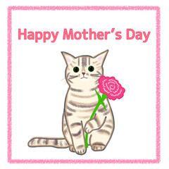 母の日　カーネーションを持つ座るしましまトラ猫