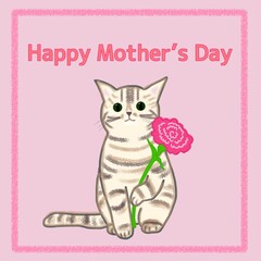 母の日　カーネーションを持つ座るしましまトラ猫