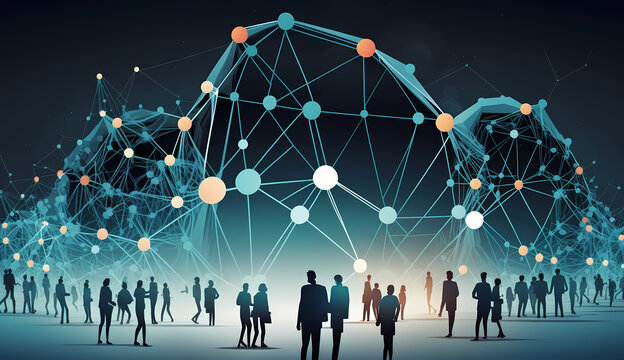 People in front of Abstract light background and connected dots. AI technology concept and digital data flow. Concept of a network of a brain or cloud technology with pulsing dots Generative AI