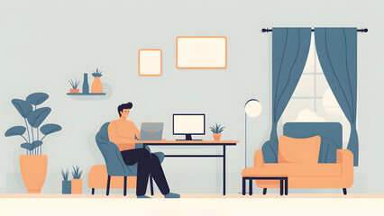Person working remotely from home flat digital render