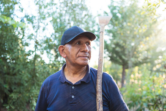Headshot portrait of a senior indigenous mapuche farmer man holding a garden scraper in countryside