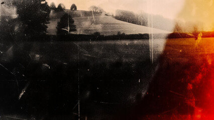 Background of an old analog camera film with noise and overexposure and elements of old photos. Made in nostalgic dark colors. - obrazy, fototapety, plakaty