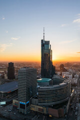 Warsaw modern buildings from the palace of culture and science during sunset