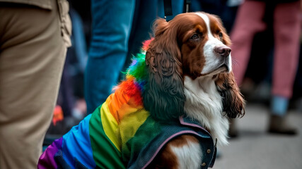 Proud dog standing up for equality and acceptance with their colorful rainbow bandana. Adorable furry companion at the LGBTQ+ pride parade, showing their love for the diverse community. Generative AI.