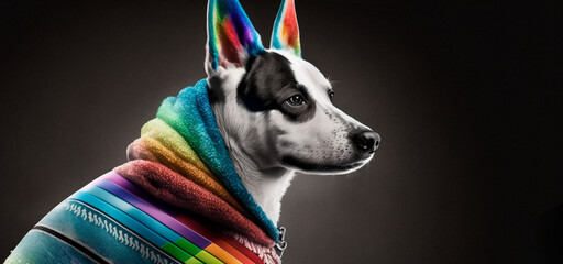 Dog in rainbow-colored clothes standing on a studio background, symbolizing support for the LGBTQ+ community and promoting love, inclusivity, and acceptance.