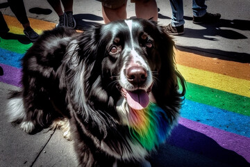 Dog standing up for equality and acceptance with their colorful rainbow bandana. LGBTQ+ pride parade, showing their love for the diverse community. Generative AI.