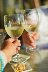 Female and male hand clinking the glasses while drinking wine