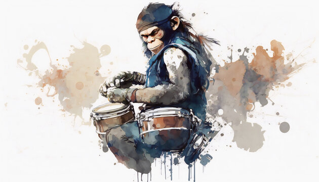 Drumming Monkey in Musical Groove, isolated on white background - watercolor style illustration background by Generative Ai