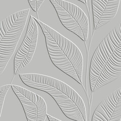 Embossed leafy white 3d seamless pattern. Beautiful floral relief background. Repeat textured white vector backdrop. Surface emboss leaves. 3d endless ornament with embossing effect. Leafy texture