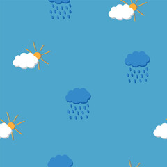 Vector blue sky with clouds, sun and rain pattern background. 