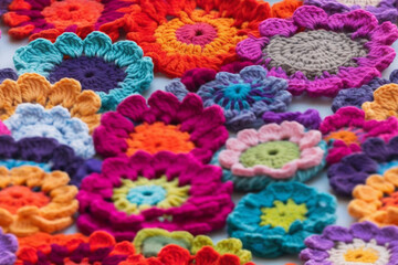 Fototapeta na wymiar Crocheted flowers seamless pattern. Generative AI