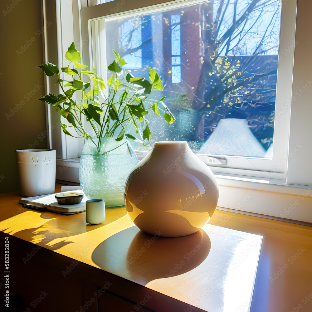 Poster vase sits on table in front of window. generative ai.