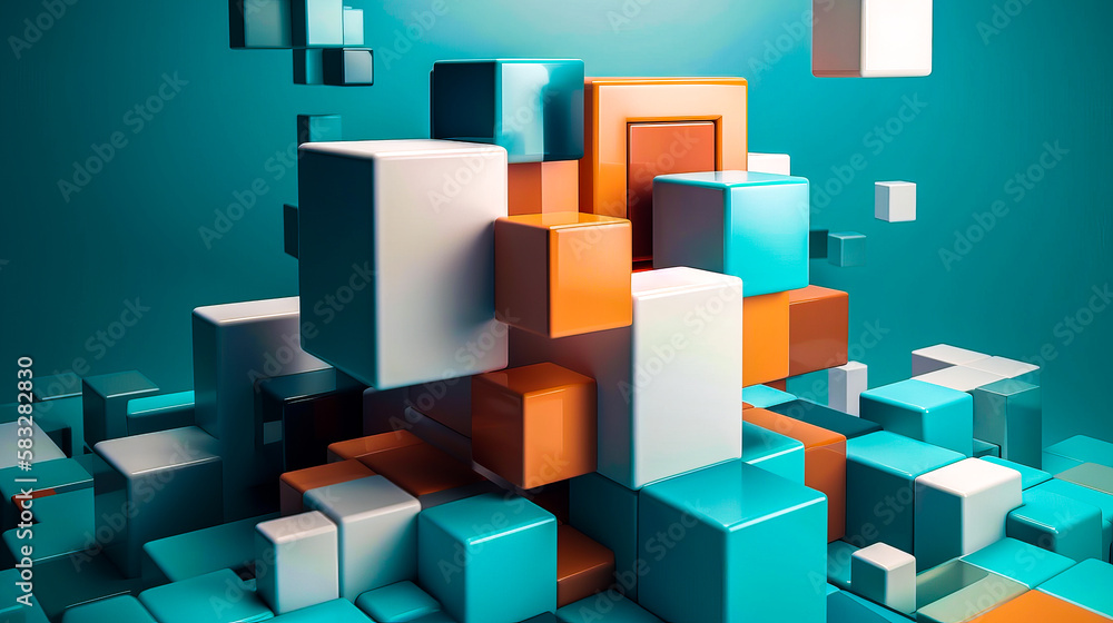 Poster an image of 3d cube with orange and blue colors. generative ai.