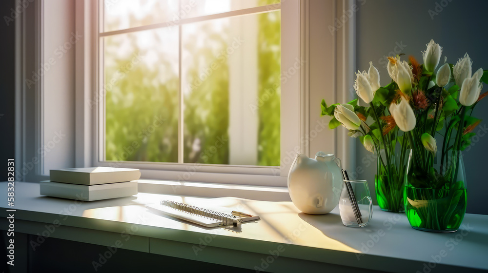 Poster vase of flowers sits on window sill in front of window. generative ai.