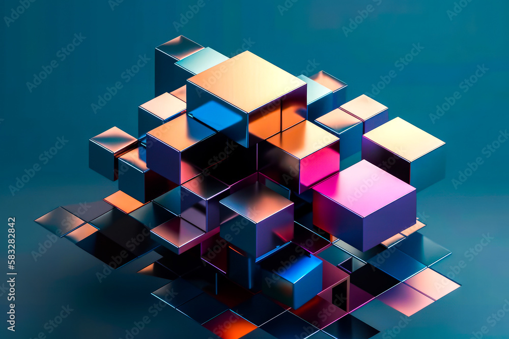 Poster an abstract image of cubes on blue background. generative ai.