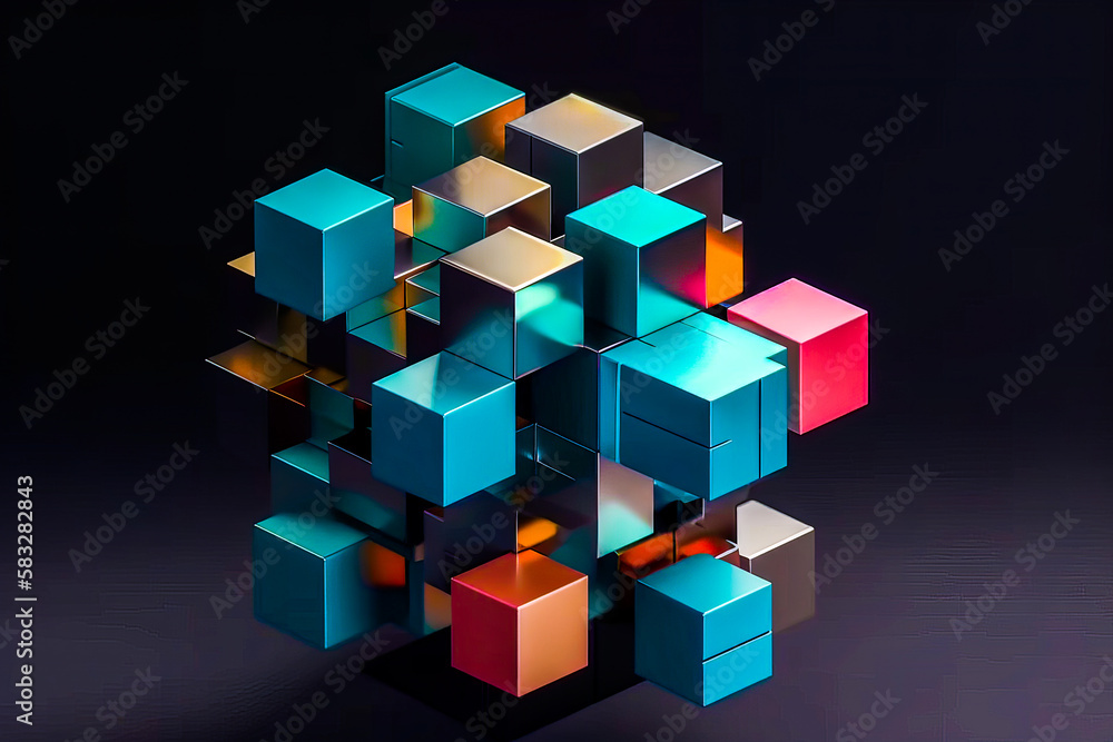 Poster an image of colorful cube on top of black background. generative ai.