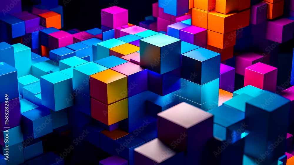 Poster an image of colorful cubes on black background. generative ai.