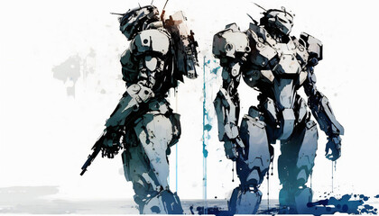 Robotic Female Warriors Locked in Combat, isolated on white background - watercolor style illustration background by Generative Ai