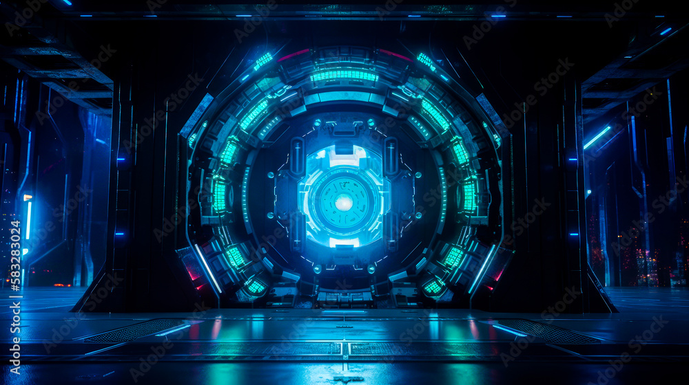 Poster the inside of futuristic spaceship with glowing lights. generative ai.