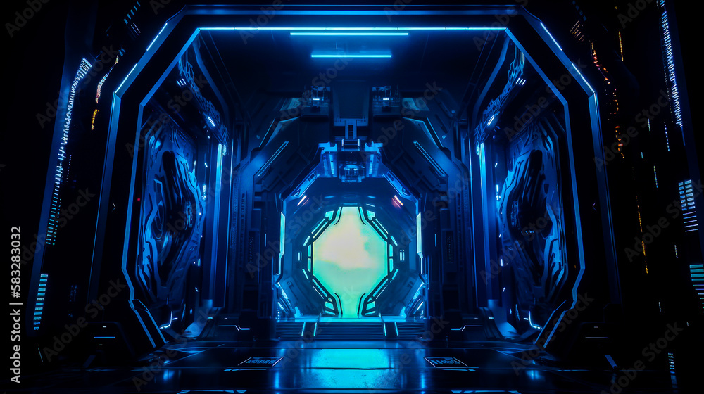Poster the inside of futuristic spaceship with blue lights. generative ai.
