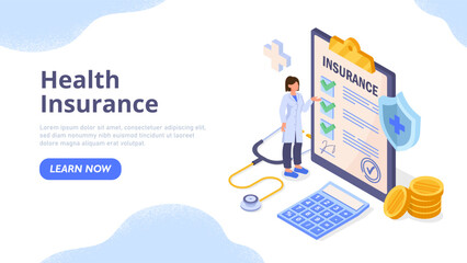 Health insurance concept. Woman with stethoscope stands near document. Doctor makes contract with patient. Diagnosis and prevention. Medical document form. Cartoon isometric vector illustration - obrazy, fototapety, plakaty