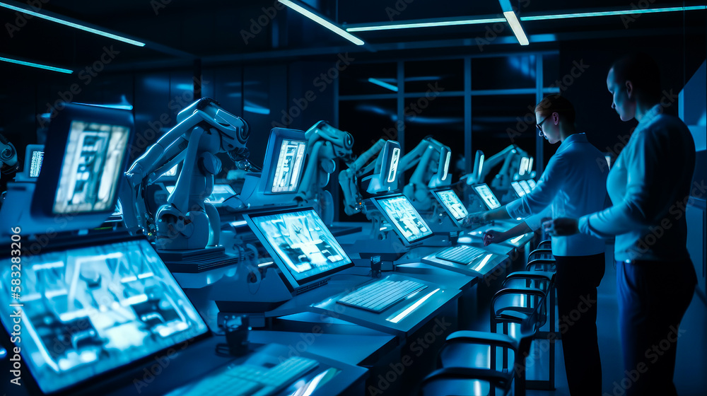Aufkleber two people working on computers in dark room. generative ai.