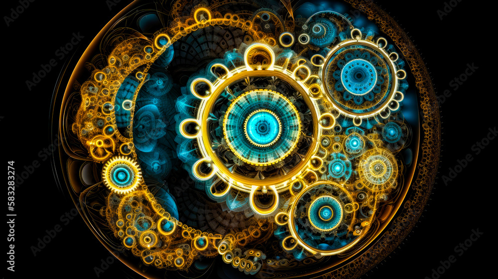 Poster an abstract image of clock with blue and yellow gears. generative ai.