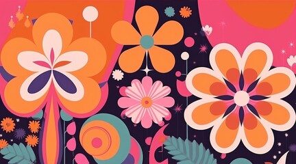 70s retro poster art style, flower power, flowers and LSD psychedelic trip patterns, oranges, yellows, greens, pale blue. Generative AI