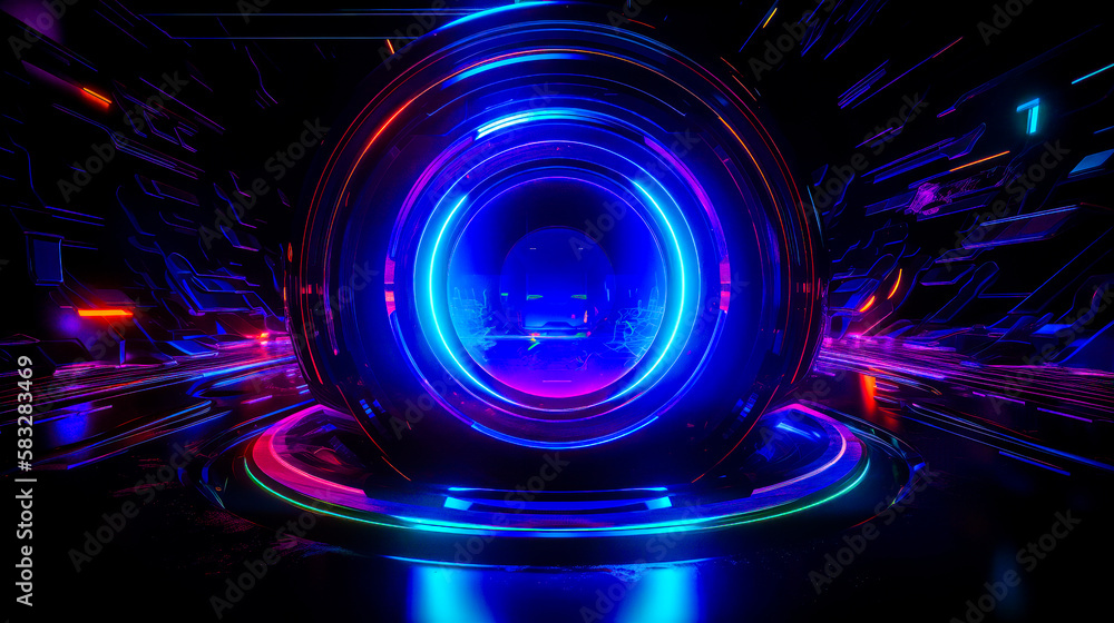 Poster an abstract image of glowing sphere in the middle of dark room. generative ai.