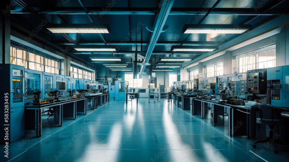 Poster the inside of factory with lots of machines. generative ai.