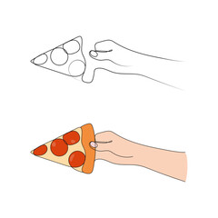 Hand holding a piece of pizza. Pizza slice, italian fast food. One line art. Hand drawn vector illustration.