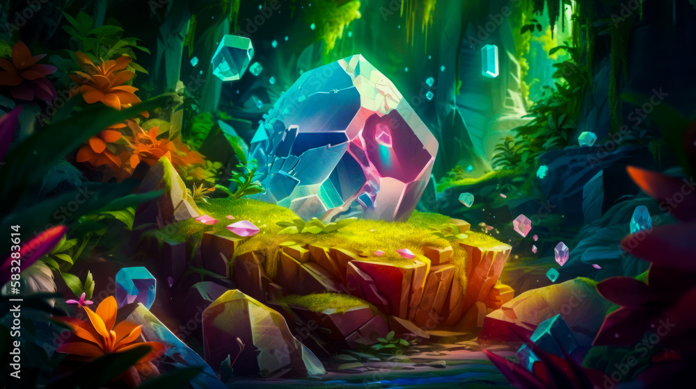 Poster an image of jungle scene with rocks and crystals. generative ai.