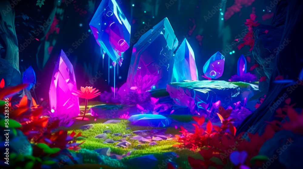 Poster an animated scene with colorful rocks and plants. generative ai.
