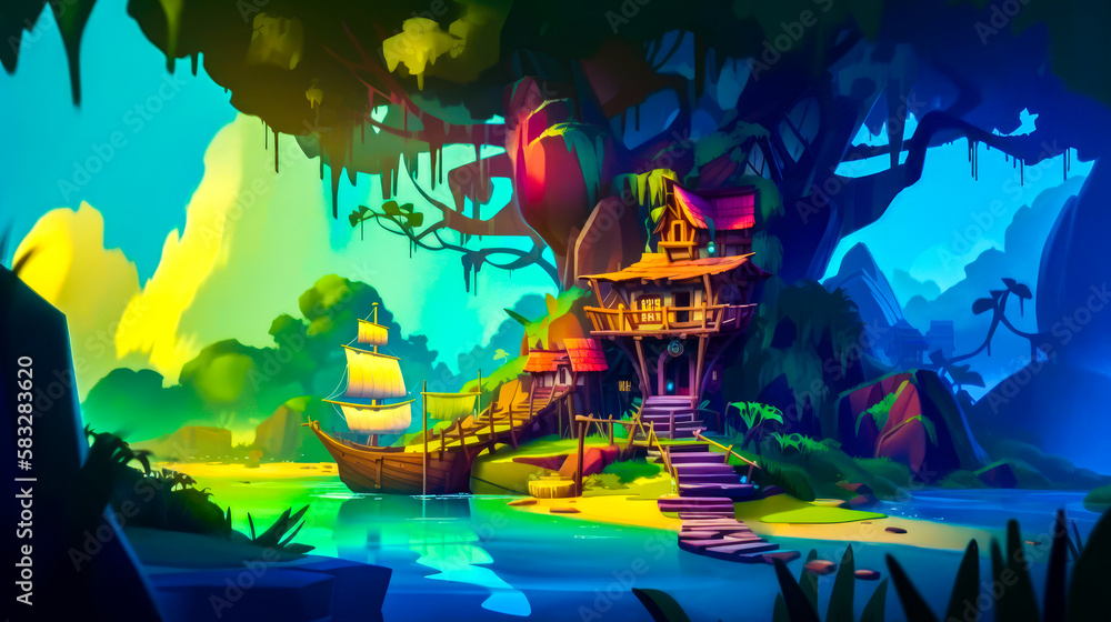 Poster an animated fantasy scene with boat and trees. generative ai.