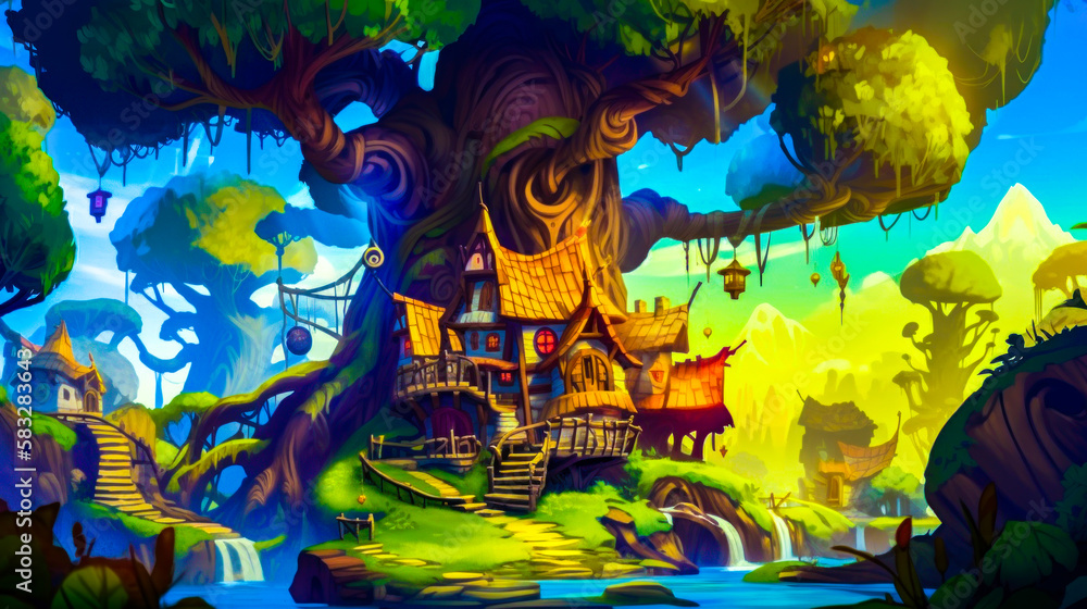 Aufkleber an animated fantasy scene with house and trees. generative ai.