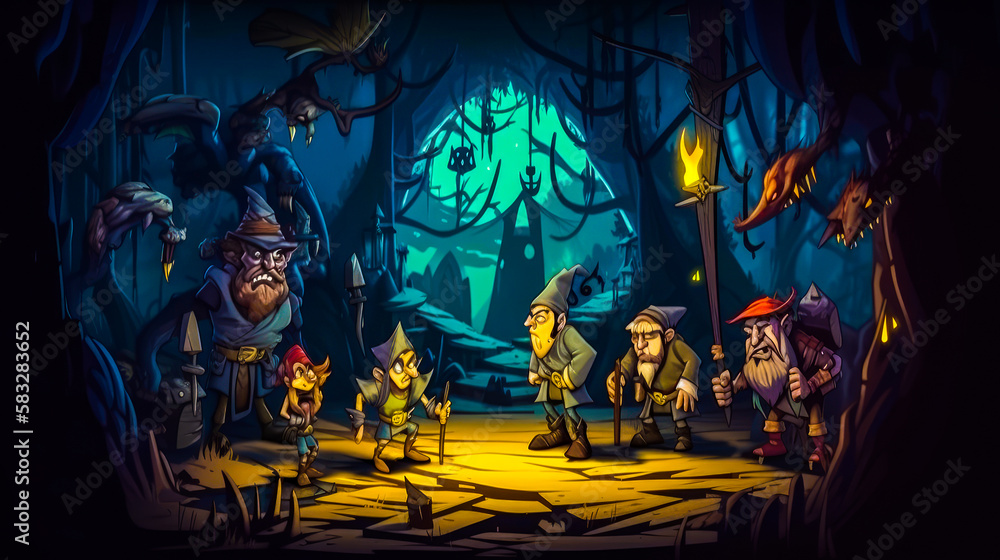 Poster group of cartoon characters in dark forest. generative ai.