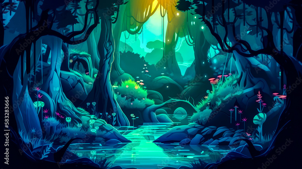 Aufkleber an animated forest scene with river and trees. generative ai.