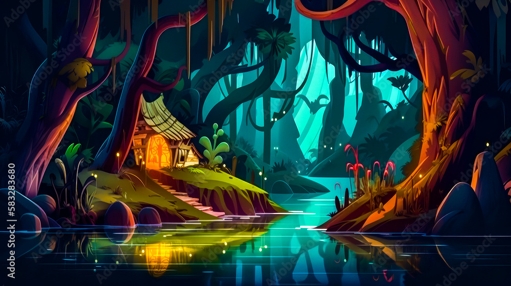 Poster an animated forest scene with house in the middle. generative ai.