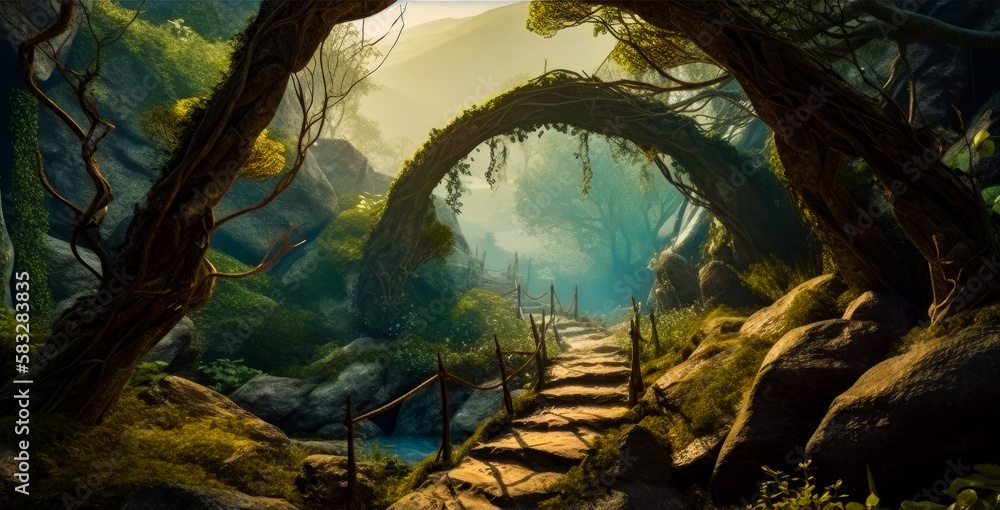 Poster an image of bridge in the woods. generative ai.
