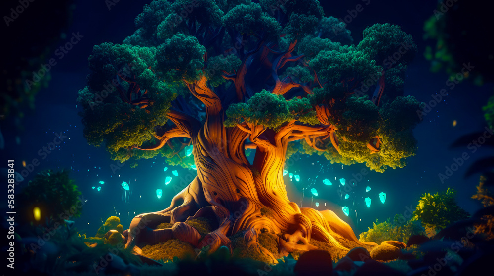 Poster an animated tree in the dark with glowing lights. generative ai.