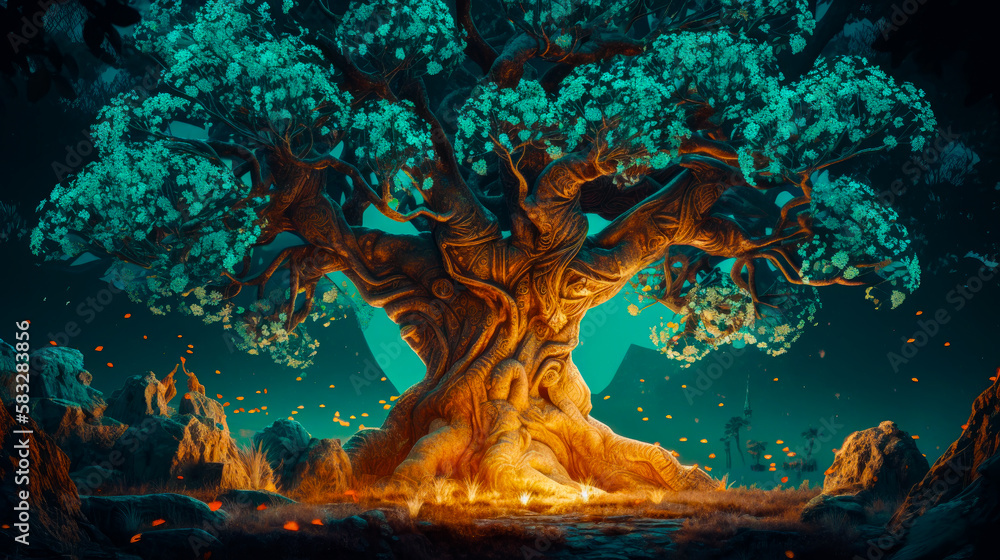 Aufkleber an image of tree with glowing lights. generative ai.