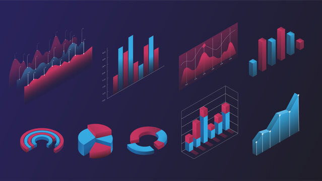 Set of infographics. Collection of graphs and diagrams. visualization of data and work with statistics. Analytics of information. Cartoon flat vector illustrations isolated on blue background