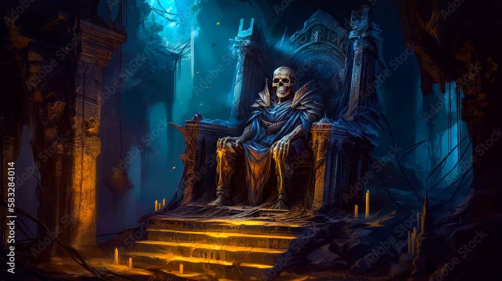 Poster an image of skeleton sitting on throne in dark cave. generative ai.